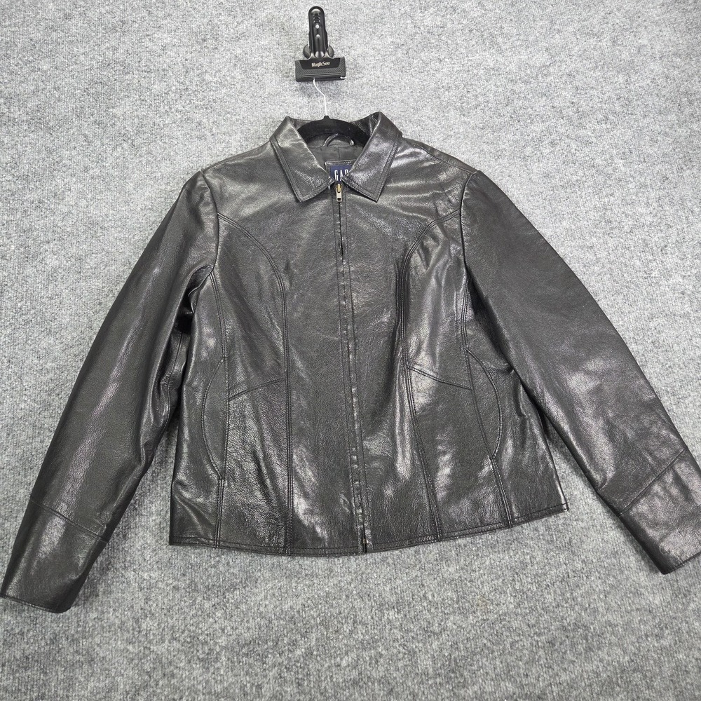 Gap Jacket Womens Medium Black Genuine Leather Full Zip Lined Collared Classic